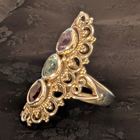 Sterling Silver Amethyst Blue Topaz Garnet Statement Ring Size 6 - Picture 3 of 9